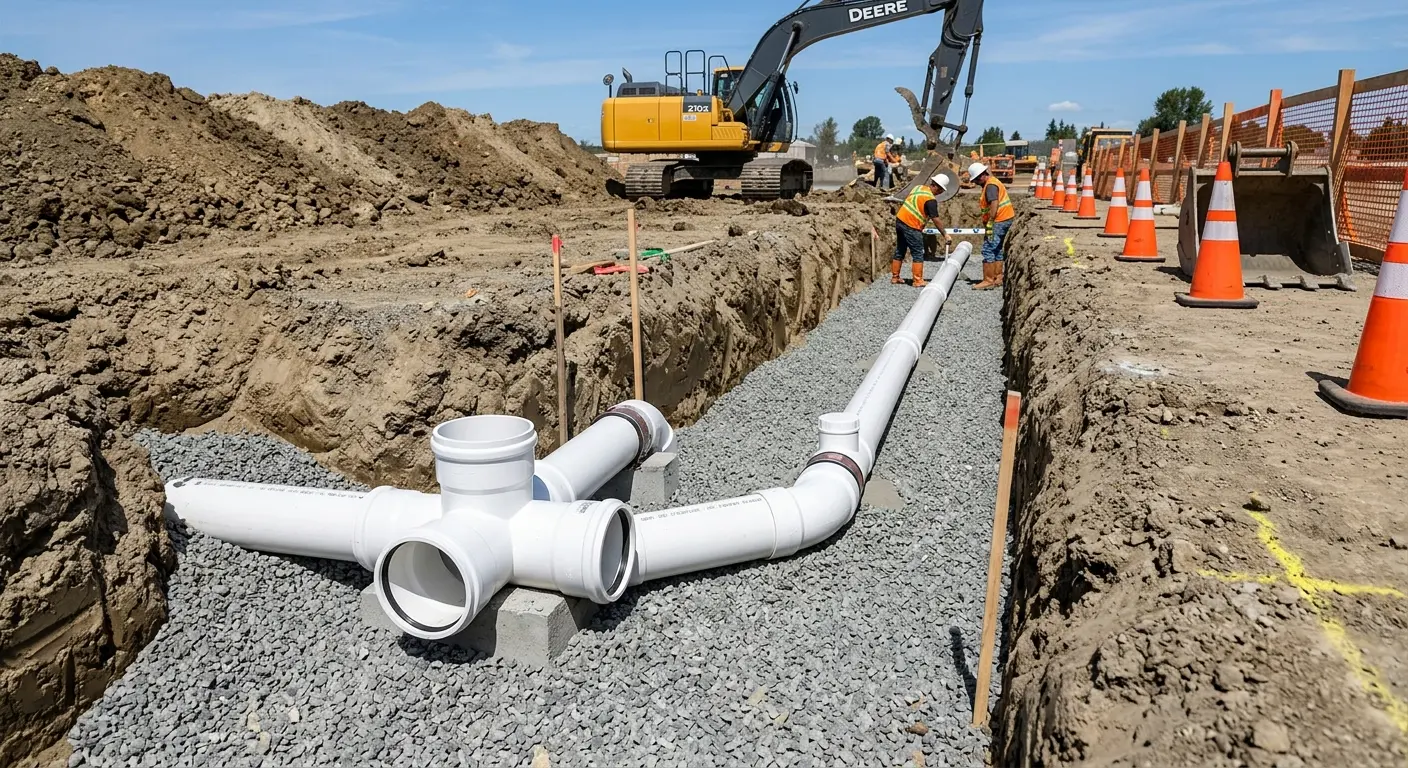 New PVC sewer pipe installation in open trench for Sewer Backup in Medford