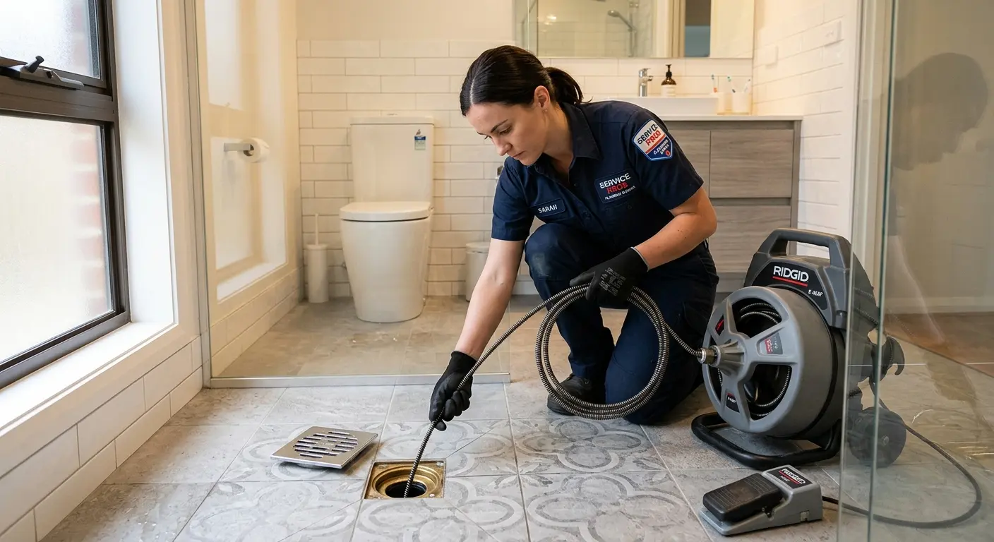 Technician clearing a bathroom floor drain for Sewer Line Replacement in Medford